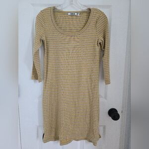 Three Dots Yellow and Gray Striped Long Sleeve Dress